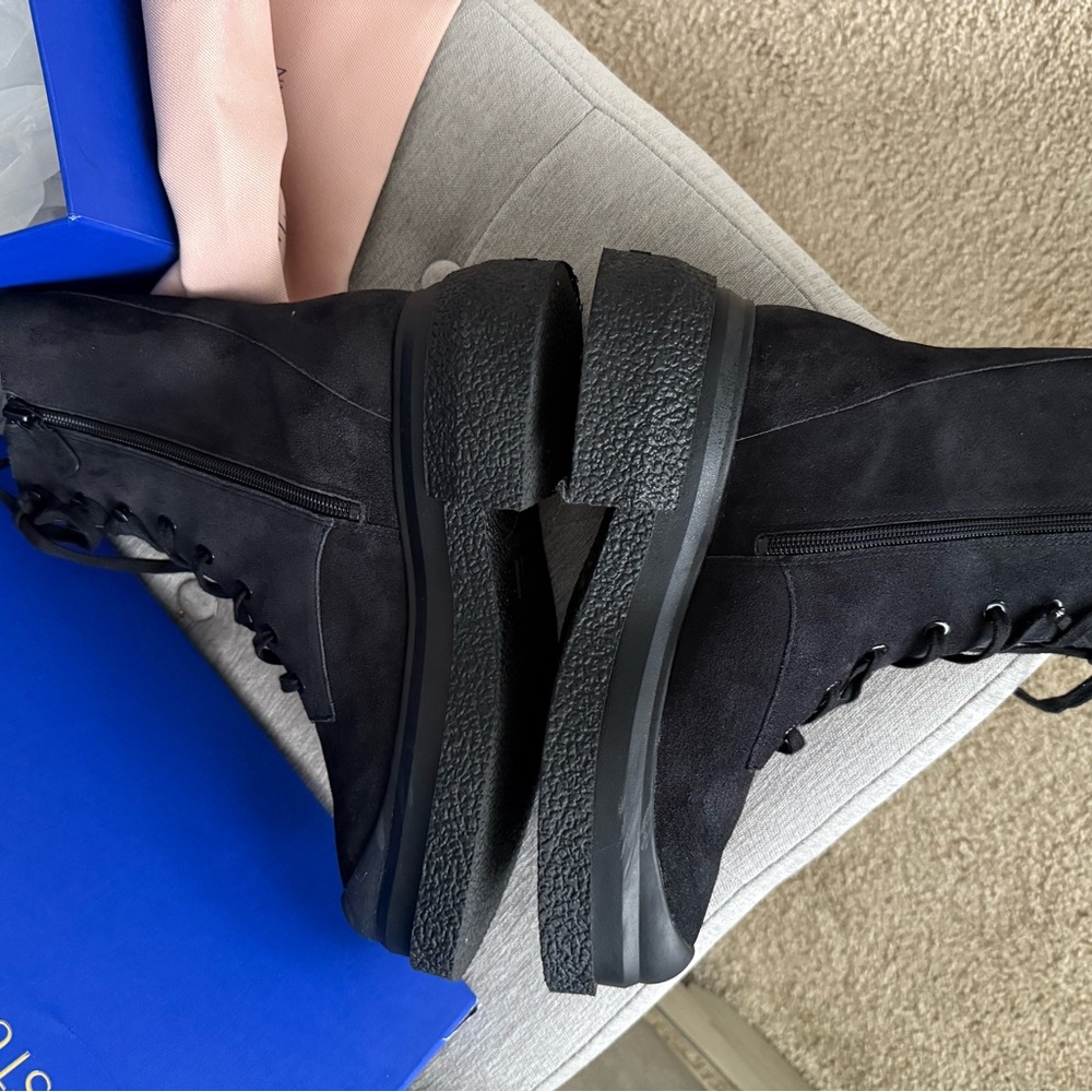 Stuart Weitzman Black Charli Suede Combat Lace-up Sportlift Boots - Picture 7 of 17